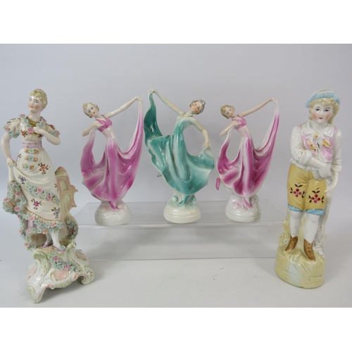 63 - Selection of continental figurines including art deco dancing ladies, the tallest measures approx 9