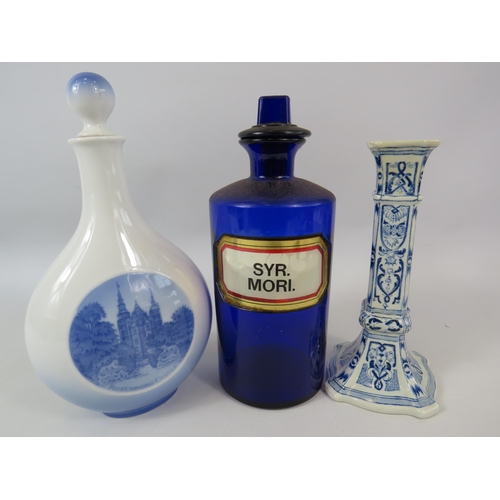 71 - A Royal Copenhagen Flask, Vintage bristol blue apothecary bottle and a Delft candle stick.