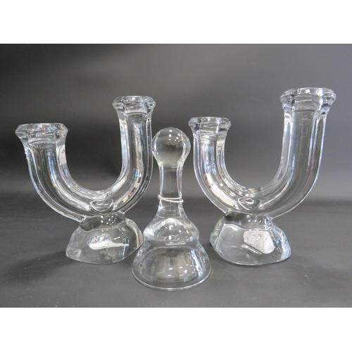 73 - A pair of French crystal Art Vannes candle sticks plus a crystal glass bell.