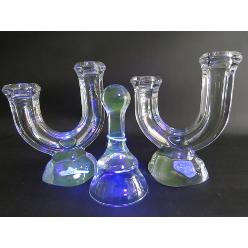 73 - A pair of French crystal Art Vannes candle sticks plus a crystal glass bell.