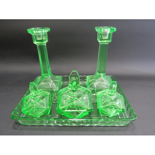 88 - Art deco uranuim glass dressing table set.