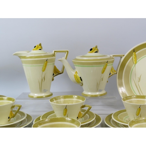 96 - Rare art deco Burleigh ware Zenith Bulrush Teaset with butterdish and plate, 24 pieces in total. (re... 