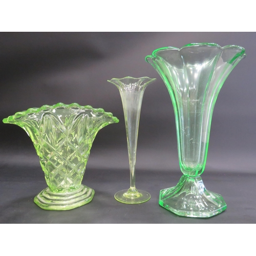 97 - 3 Large art deco uranuim glass vases the tallests stands 12