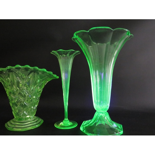 97 - 3 Large art deco uranuim glass vases the tallests stands 12