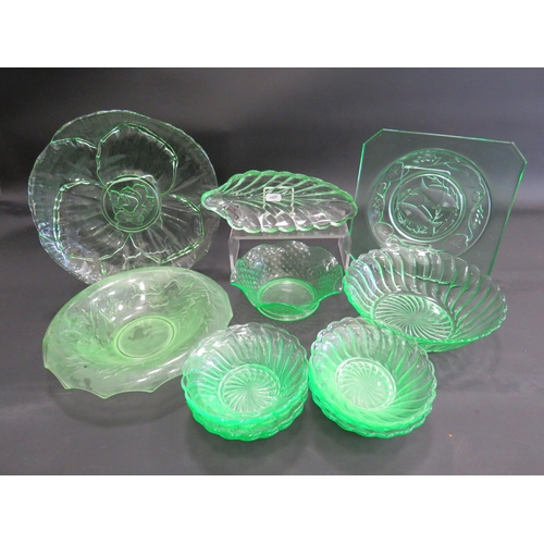 123 - Large selection of art deco green uranium glass dishes and plates.