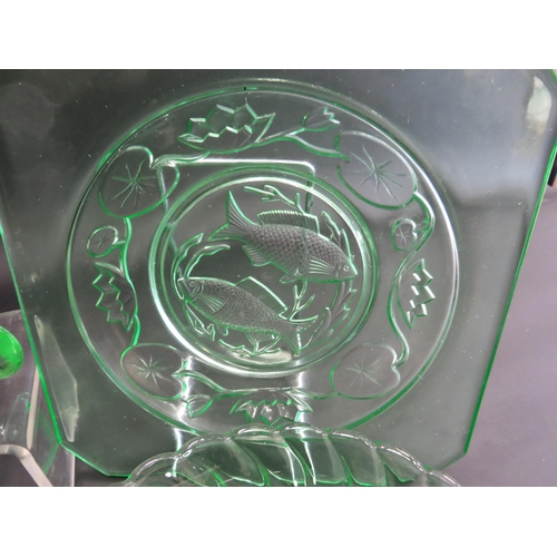 123 - Large selection of art deco green uranium glass dishes and plates.