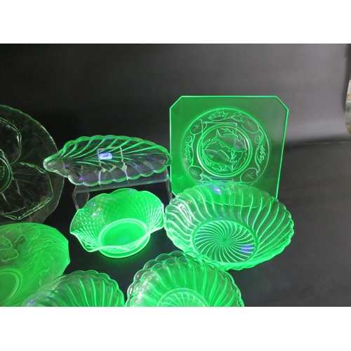 123 - Large selection of art deco green uranium glass dishes and plates.