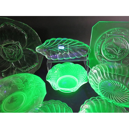 123 - Large selection of art deco green uranium glass dishes and plates.