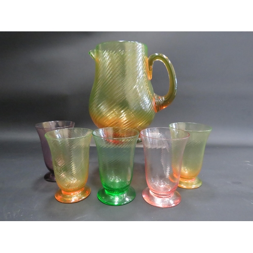 127 - Art deco Uranium glass lemonade set, large jug and 5 glasses.