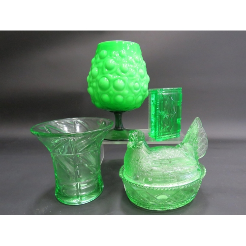 128 - 4 pieces of Art deco Uranium glass, Egg crock, Book paperweight, Vase and Brandy balloon.