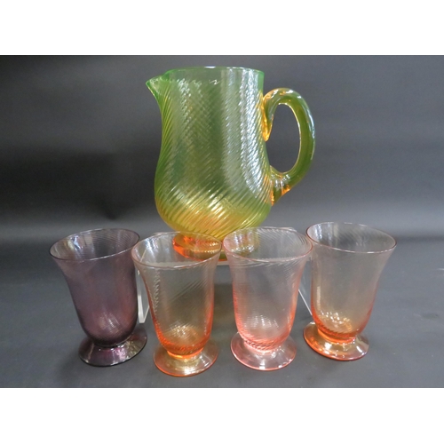 129 - Art deco Uranium glass lemonade set, large jug and 4 glasses.