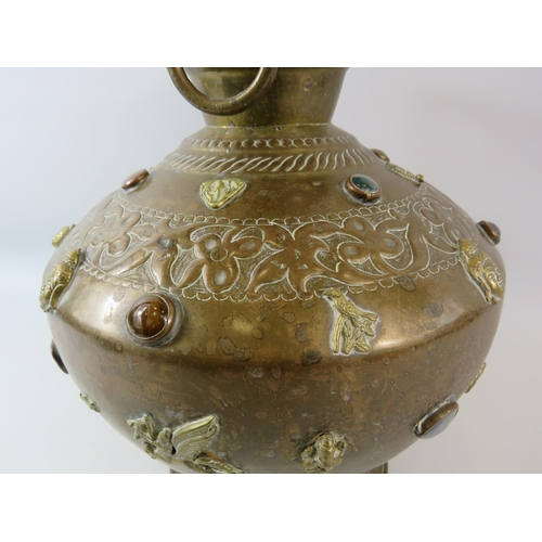 138 - Large Asian brass Buddha temple jar highly decorated with semi precious stone cabochons and Buddist ... 