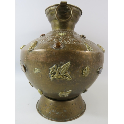 138 - Large Asian brass Buddha temple jar highly decorated with semi precious stone cabochons and Buddist ... 