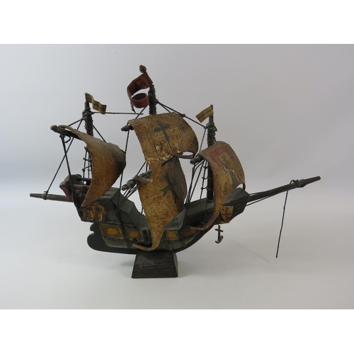 152 - Vintage wooden model ship of the Santa Maria. Approx 29cm tall and 43cm long.