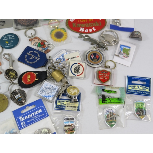 179 - Selection advertising keyrings and walking stick badges.