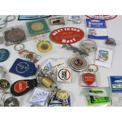 179 - Selection advertising keyrings and walking stick badges.