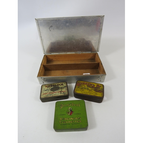 185 - Vintage white metal cigar box and 3 vintage tobacco tins.