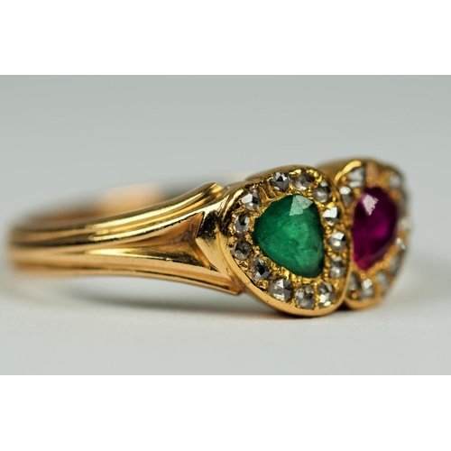 417 - 18ct Yellow Gold ring set with Rubies and Emeralds with Diamond Surround. (one Diamond Missing)  Fin... 