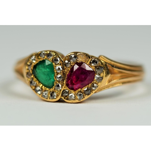 417 - 18ct Yellow Gold ring set with Rubies and Emeralds with Diamond Surround. (one Diamond Missing)  Fin... 