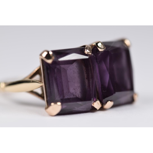 420 - Large Twin Amethyst Square cut Statement ring set on 9ct Yellow Gold Mount.   Finger size  M   7.1g