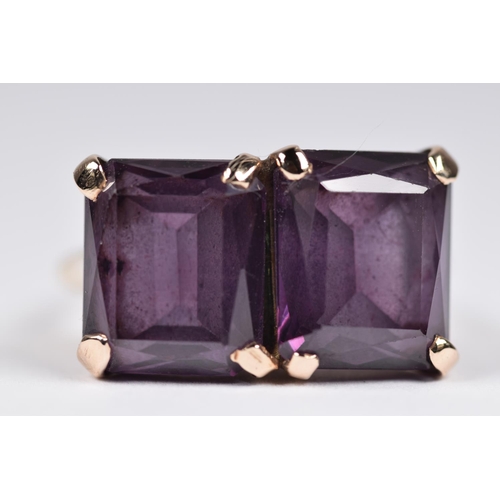 420 - Large Twin Amethyst Square cut Statement ring set on 9ct Yellow Gold Mount.   Finger size  M   7.1g