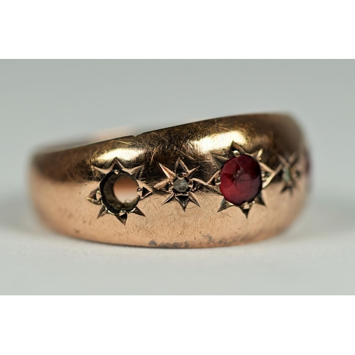 426 - 15ct Yellow gold Ruby and Diamond set band (one small Ruby missing)  Finger size J    2.0g