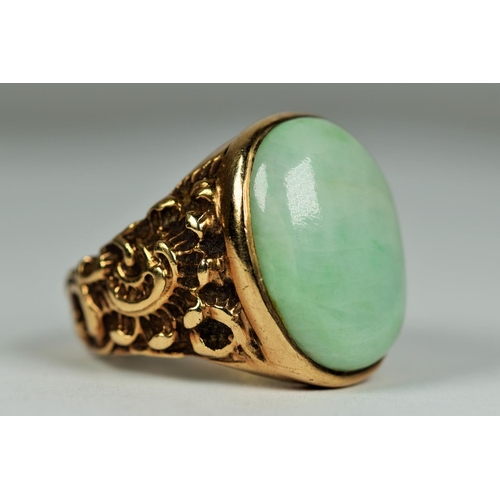 433 - Large 9ct Yellow Gold statement ring set with  large Oval Jade  20  x 15 mm on scrolled ornate shoul... 