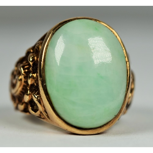 433 - Large 9ct Yellow Gold statement ring set with  large Oval Jade  20  x 15 mm on scrolled ornate shoul... 