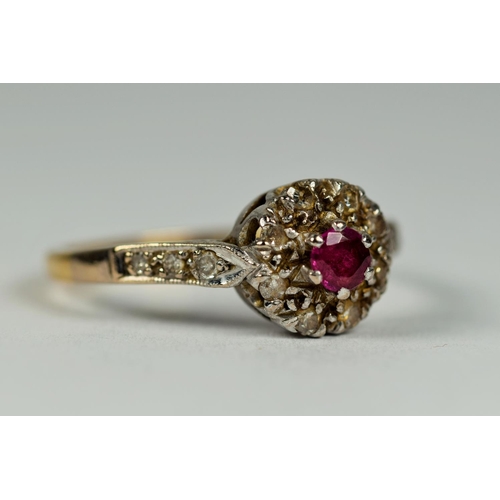 441 - 18ct yellow Gold Ruby ring with Diamond Halo and shoulders on Platinum Mount.  Finger size Q    3.2g