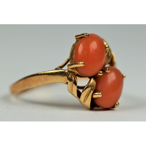 444 - 14ct Yellow gold ring set with twin Coral spheres.   Finger size L   2.7g