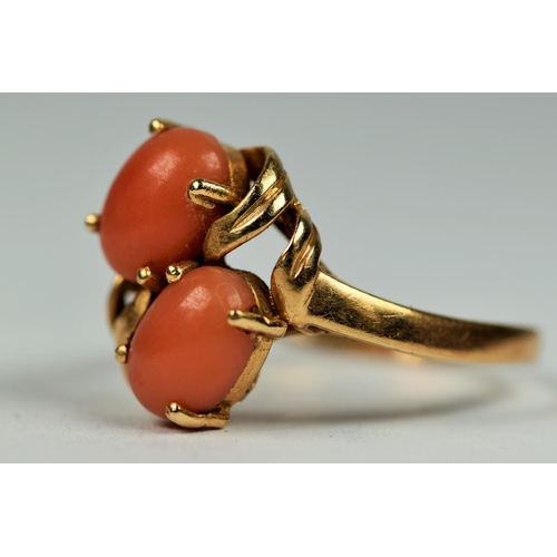 444 - 14ct Yellow gold ring set with twin Coral spheres.   Finger size L   2.7g