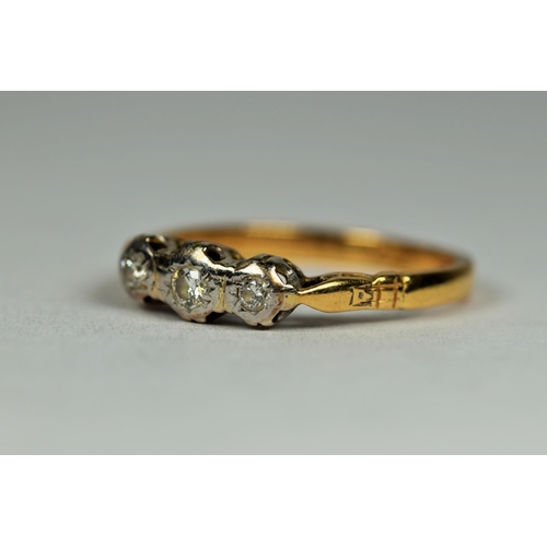 455 - 18ct Yellow Gold Diamond Trilogy ring with Platinum mount.   Finger size O-5   2.6g