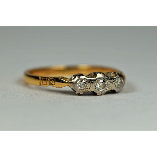 455 - 18ct Yellow Gold Diamond Trilogy ring with Platinum mount.   Finger size O-5   2.6g