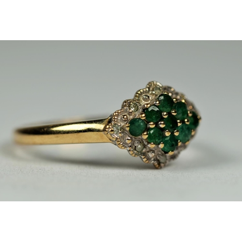 470 - 9ct Yellow Gold Diamond and Emerald Cluster ring in a Lozenge shape.  Finger size P-5 to Q   2.4g