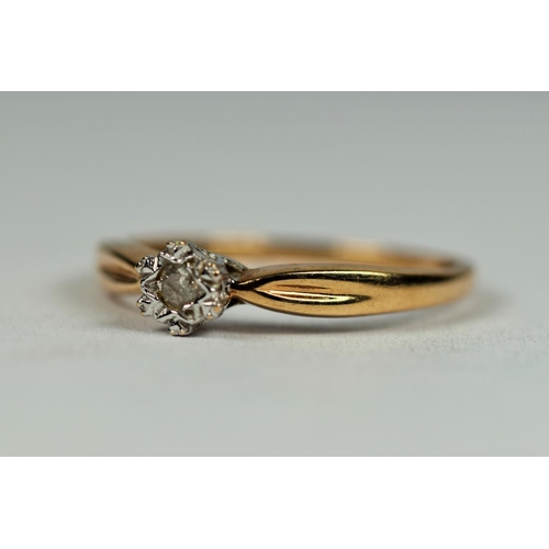 478 - 9ct Yellow Gold Diamond Solitiare ring set in an illusion setting.  Diamond 0.10pts approx.   Finger... 