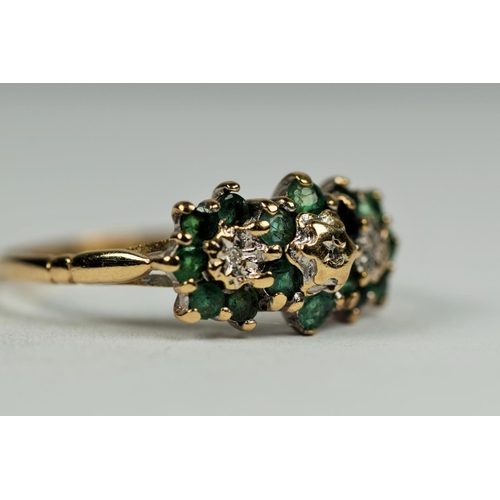 481 - 9ct Yellow Gold Emerald and Diamond cluster ring.   Finger size P-5   2.5g