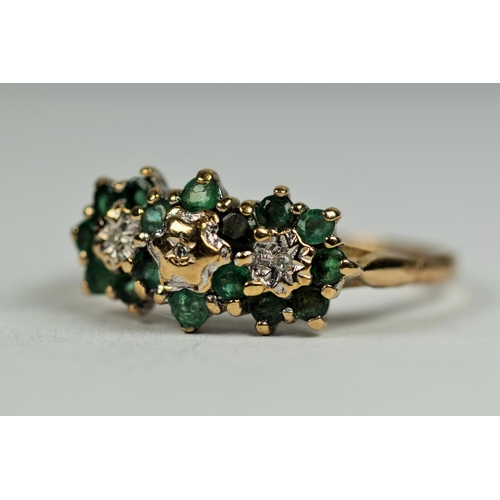 481 - 9ct Yellow Gold Emerald and Diamond cluster ring.   Finger size P-5   2.5g