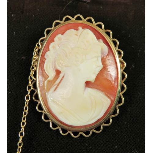 542 - Lovely Cameo Brooch with 9ct Yellow Gold mount and safety chain fitted in good order. Comes with ori... 