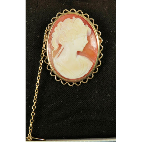 542 - Lovely Cameo Brooch with 9ct Yellow Gold mount and safety chain fitted in good order. Comes with ori... 