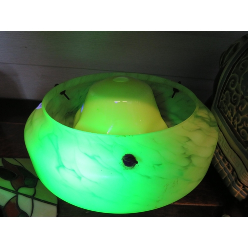 50 - Art deco uranium glass flycatcher light shade in yellow plus one other vintage shade.