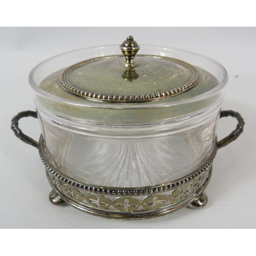 551 - Sterling silver and glass preserve pot hallmarked Chester. Total silver weight 156 grams