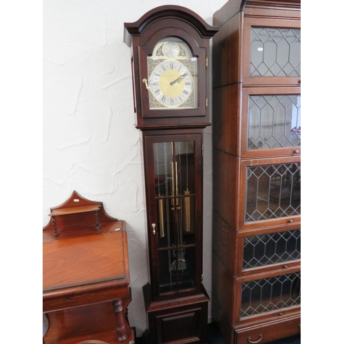 855 - Tempus Fugit Reproduction Long Case Clock with brass Face, Weights and Pendulum. Chimes on the hour.... 