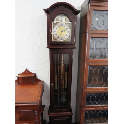 855 - Tempus Fugit Reproduction Long Case Clock with brass Face, Weights and Pendulum. Chimes on the hour.... 