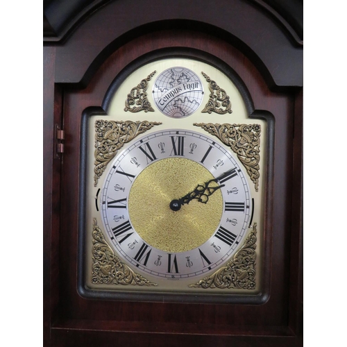 855 - Tempus Fugit Reproduction Long Case Clock with brass Face, Weights and Pendulum. Chimes on the hour.... 