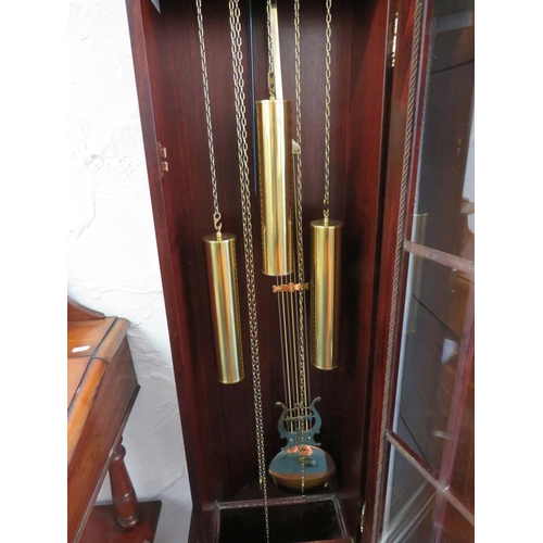 855 - Tempus Fugit Reproduction Long Case Clock with brass Face, Weights and Pendulum. Chimes on the hour.... 