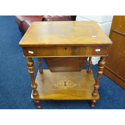 858 - Lovely Late 19th Century Sewing box in Burr Walnut Veneer. Inlaid Decoration. Raised on Turned legs ... 