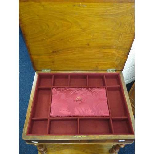 858 - Lovely Late 19th Century Sewing box in Burr Walnut Veneer. Inlaid Decoration. Raised on Turned legs ... 