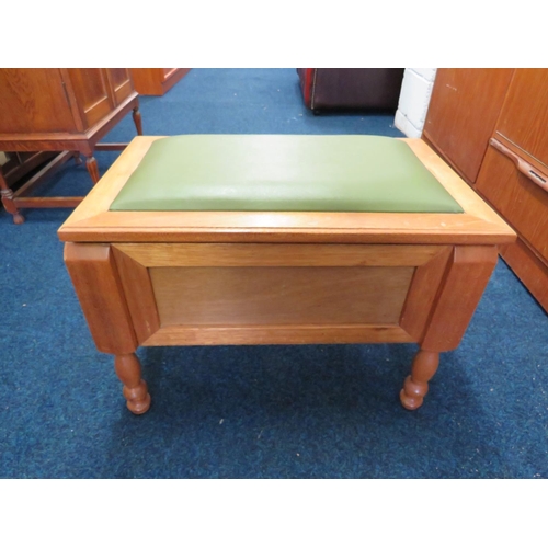 860 - Light wood, Joiner made sewing/craft box with leather upholstered seat. Brass Carry handles to sides... 