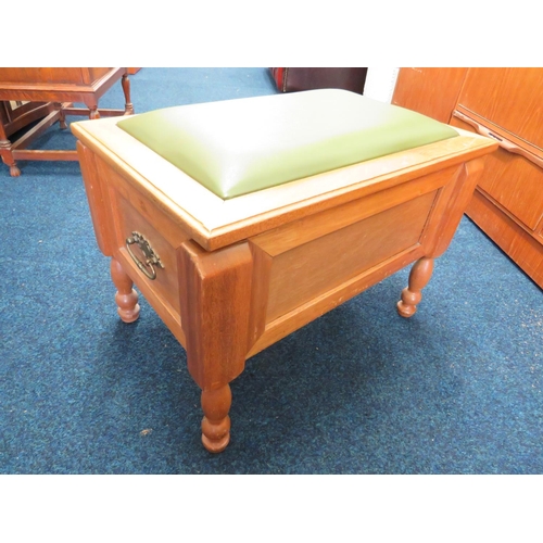 860 - Light wood, Joiner made sewing/craft box with leather upholstered seat. Brass Carry handles to sides... 