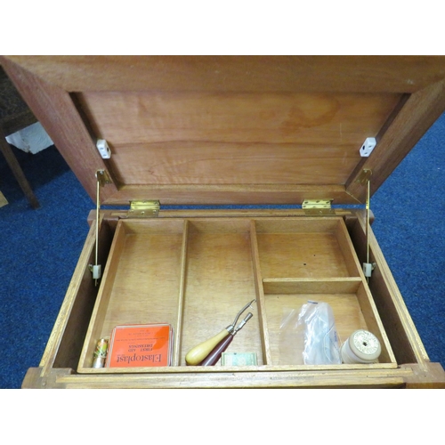 860 - Light wood, Joiner made sewing/craft box with leather upholstered seat. Brass Carry handles to sides... 